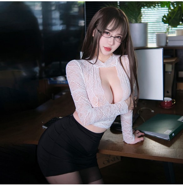 FEE ET MOI - Secretary Lace Bodysuit Set (Black - White)